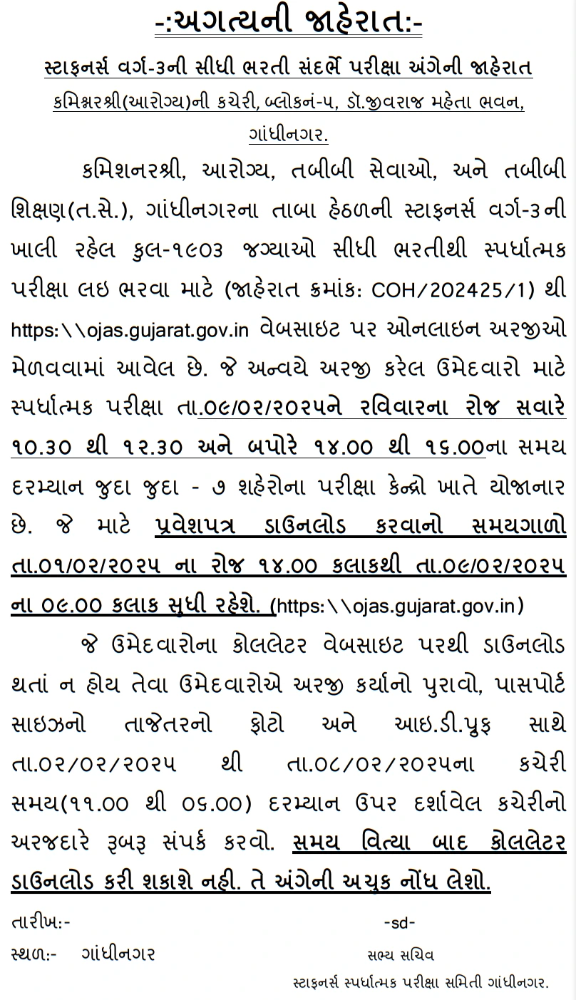 Gujarat Staff Nurse Call Later 2024-25 Out